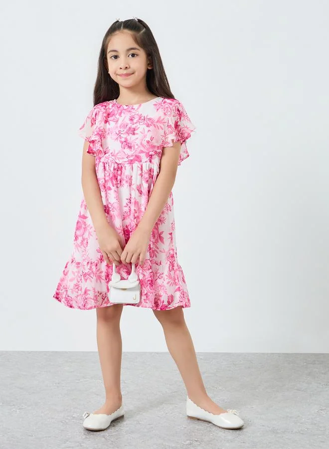 Styli Girls Pink Floral Print Ruffled Hem Dress